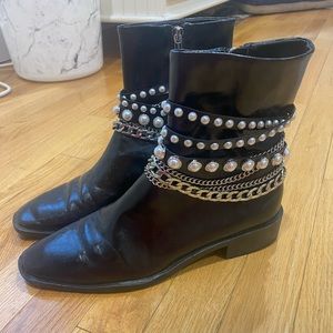 Black mini boots with pearl/chain decor